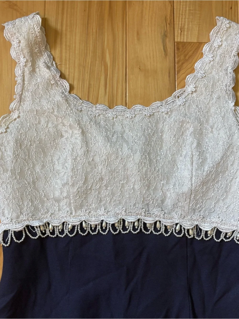 Vintage 90’s Loralie Original White Lace Bust Pearl Embellished Blue Maxi Dress